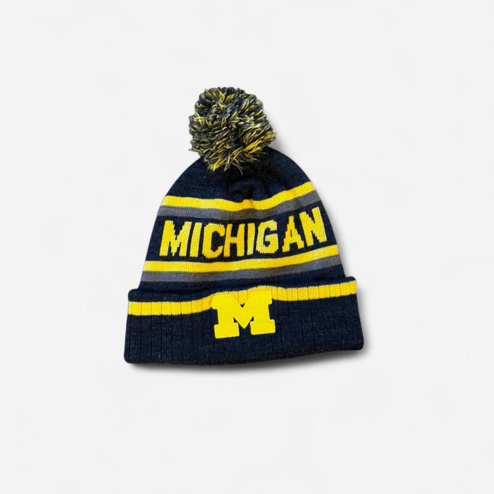 Michigan Pom Beanie Hat - Navy & Yellow